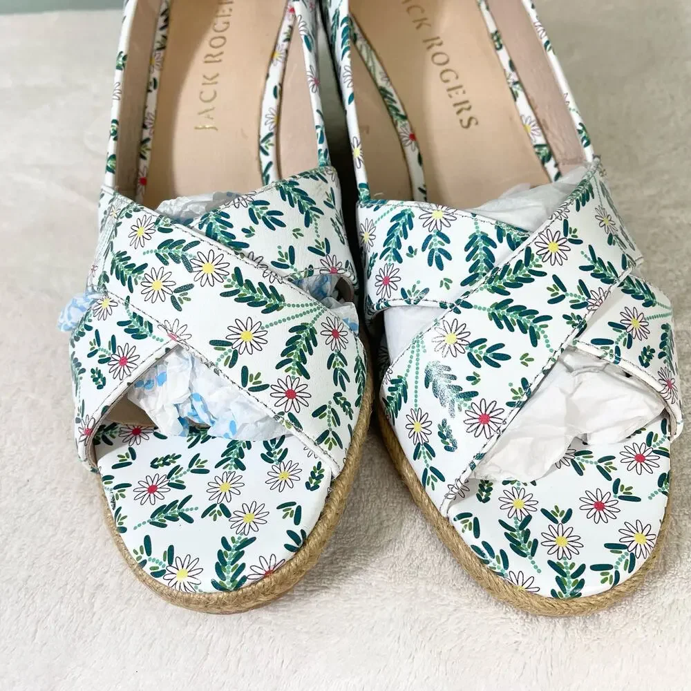 Jack Rogers Palmer Espadrille Wedge 9.5M White Daisy Leather Boho Summer NWOT